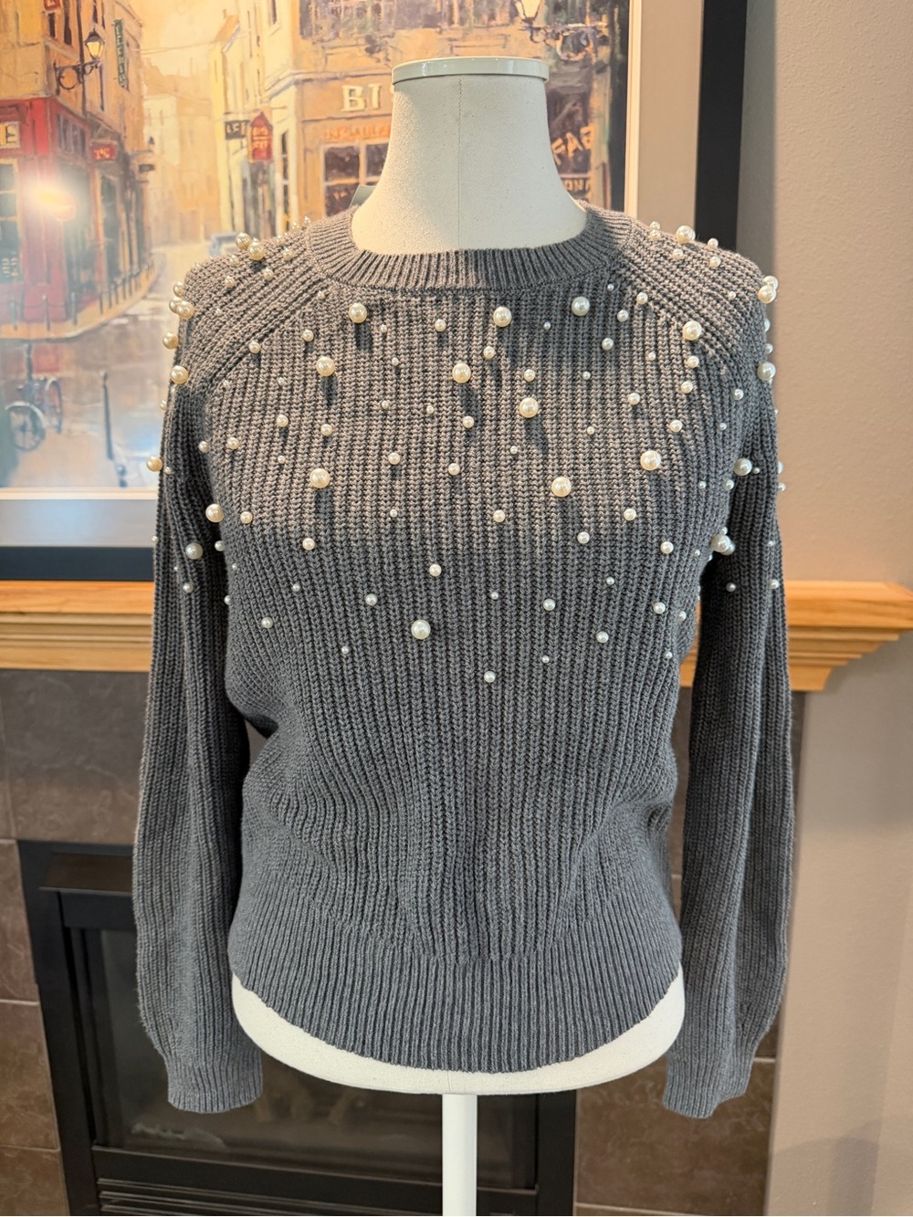 Women's Loft NWT Grey Pearl-Embellished Sweater